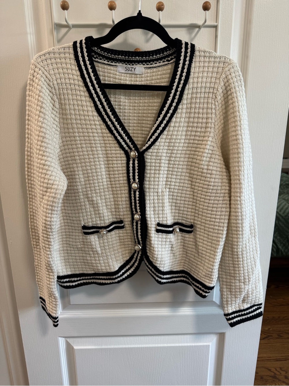 Suzy Shier Cream Cardigan Sweater with Black Trim